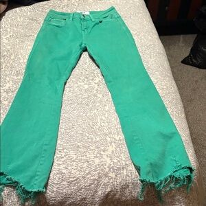 Green Frayed Hem Women Jeans